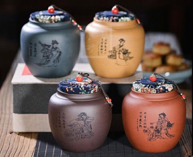 《四大美女茶葉罐》宜興紫砂壺手工紫泥，段泥，紅清水泥，天青泥茶壺具